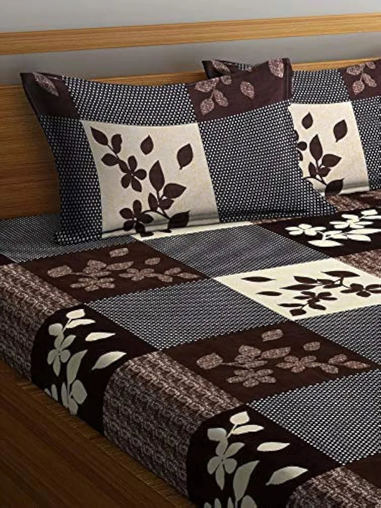 Starnstyle Polycotton 220 TC Floral Printed King Size Double Bedsheet with 2 Pillow Covers,  Brown