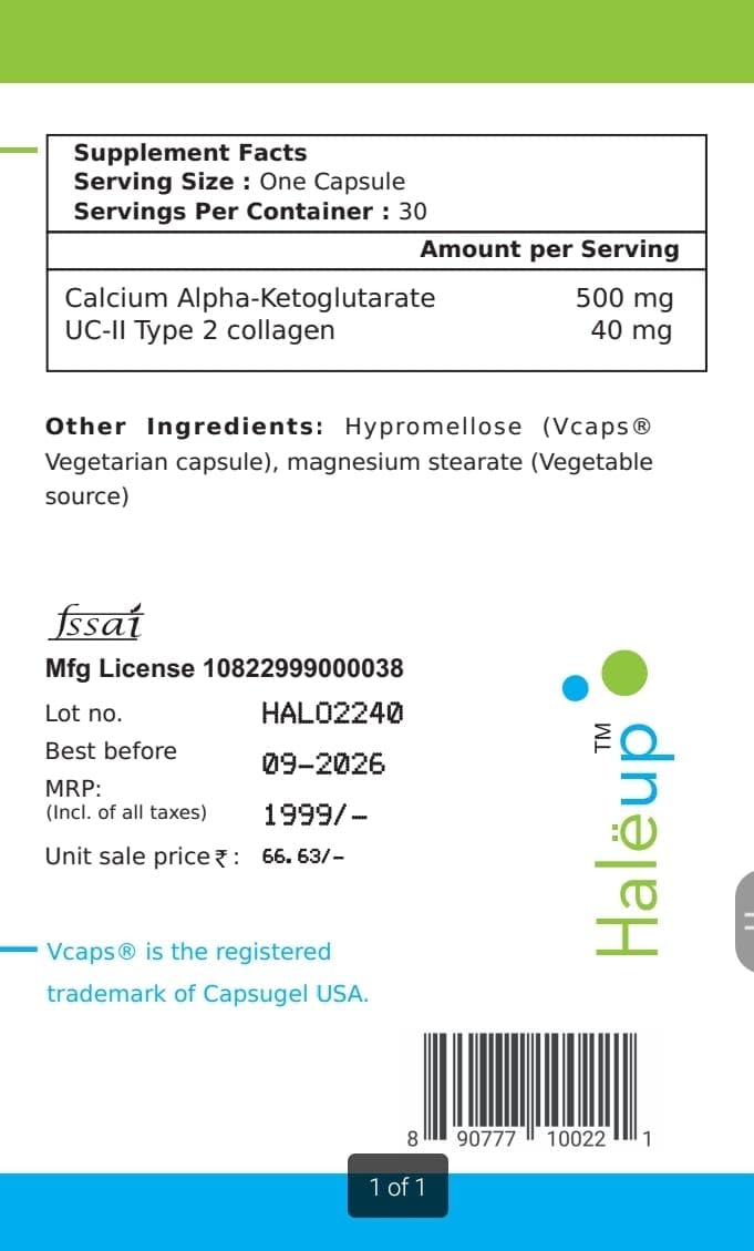 Haleup Calcium AKG Supplement with UC-II collagen | Calcium Alpha-Ketoglutarate for Cellular Energy, Bone Strength, Muscle Recovery|Healthy Ageing (1 pack X 30s count)