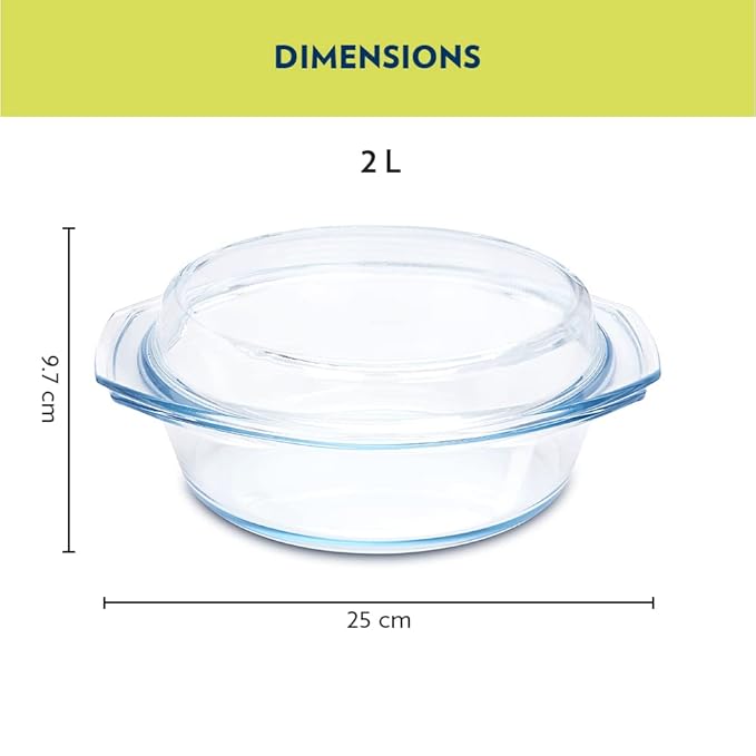 Borosil Solid Glass Casserole Oven and Microwave Safe Serving Bowl with Lid | Transparent | 2 Litres
