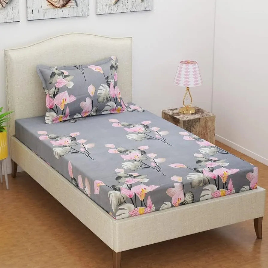BSB HOME 220 Tc Premium Forever Modern Style Glace Cotton Floral 1 Single Size Bed Bedsheet and 1 Pillow Cover-Grey & Pink Flower