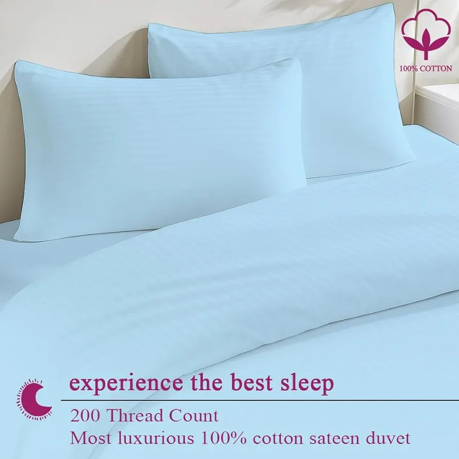 Trance Home Linen Zippered 100% Cotton 200TC Satin Stripe King Size Duvet Cover Quilt Cover Blanket Cover Razai Comforter Cover with 2 Pillow Covers Colour Sky Blue