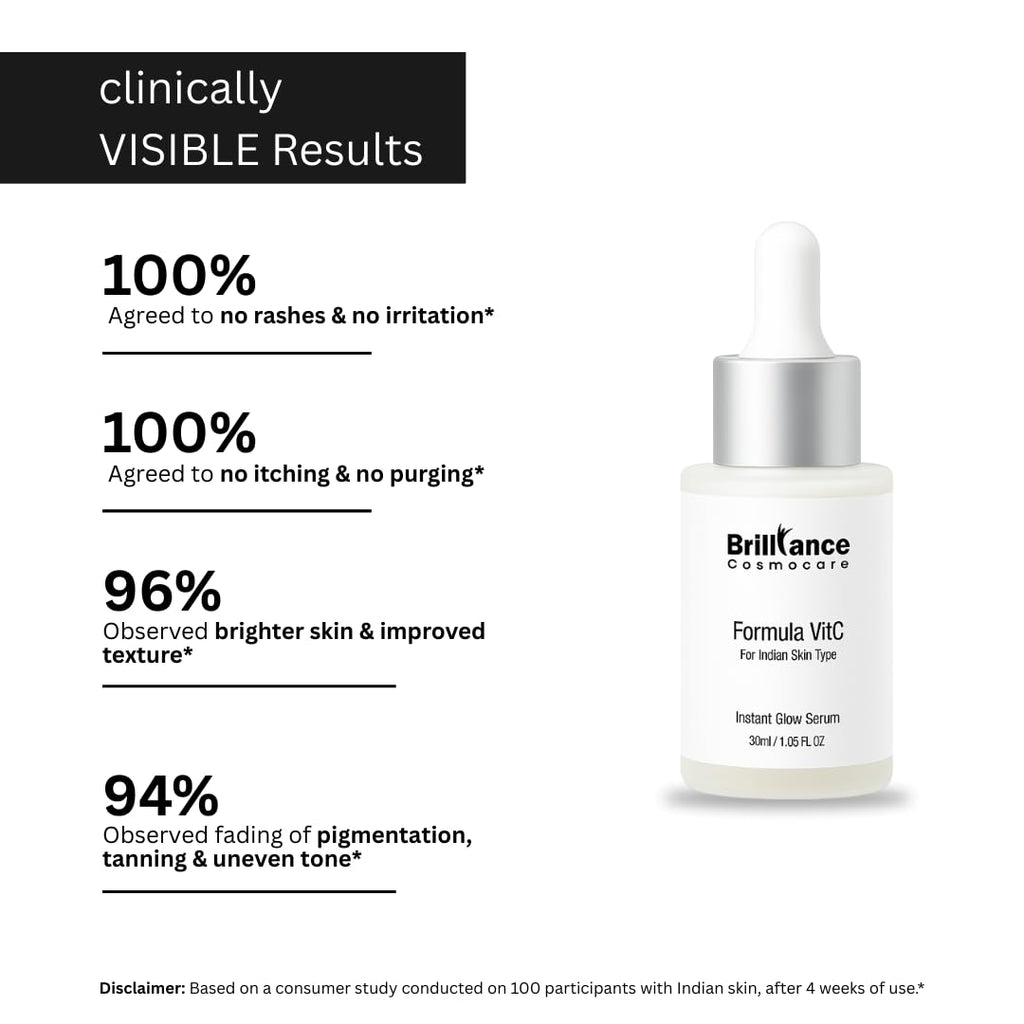 Brilliance Premium Formula VitC Serum | Dermatologist Tested | Vitamin C (AA2G) + Hyaluronic Acid 2% + Niacinamide 5% | For Bright, Glowing & Radiant Skin, Spot Reduction, UV Protection | 30ml