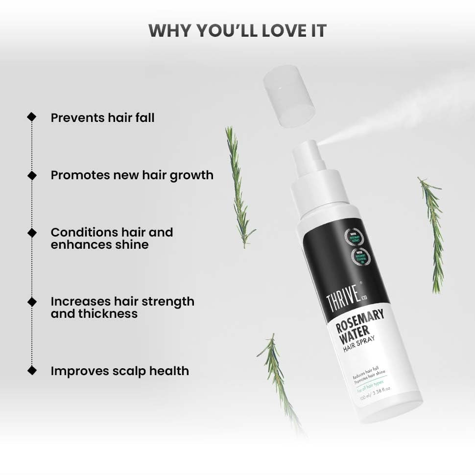 ThriveCo Rosemary Water Hair Spray | 100% Natural Rosemary Extract, Rice Water & Hyaluronic Acid | For Hair Growth & Hair Fall Control | Adds Shine & Conditions | Lightweight | For Men & Women, 100ml
