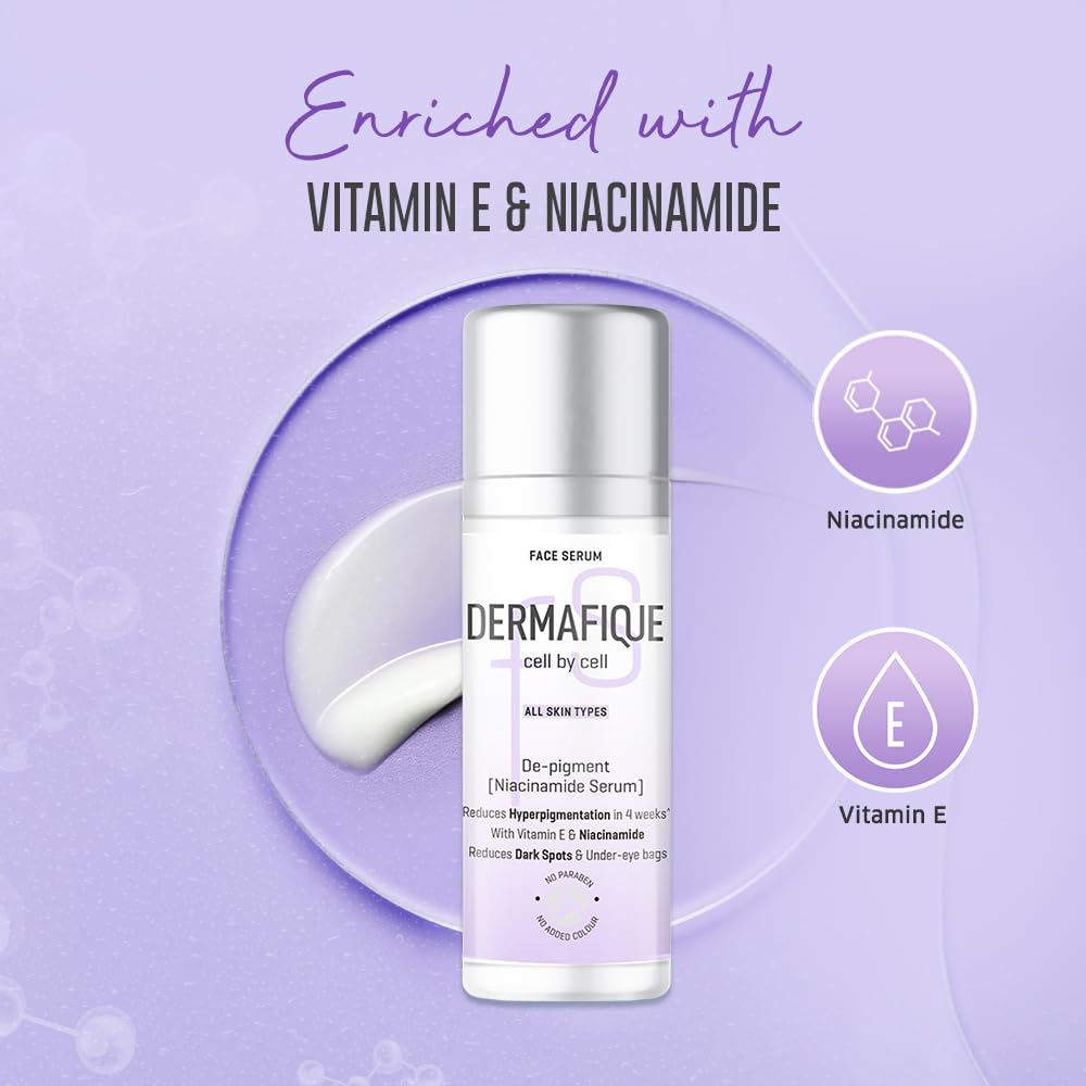 Dermafique De-Pigment Serum 30ml | Niacinamide, Hyaluronic Acid | Reduces Pigmentation in 4 weeks | Reduces Dark Spots, Inflammation, Under eye bags, Sun exposure effects | Dermat Tested on Indian Skin