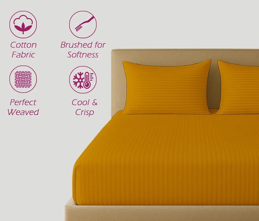 Trance Home Linen 100% Cotton 78x60 inch Queen Fitted 200TC Satin Stripe Elastic Fitted Bedsheet with 2 Pillow Covers Colour Mustard Yellow