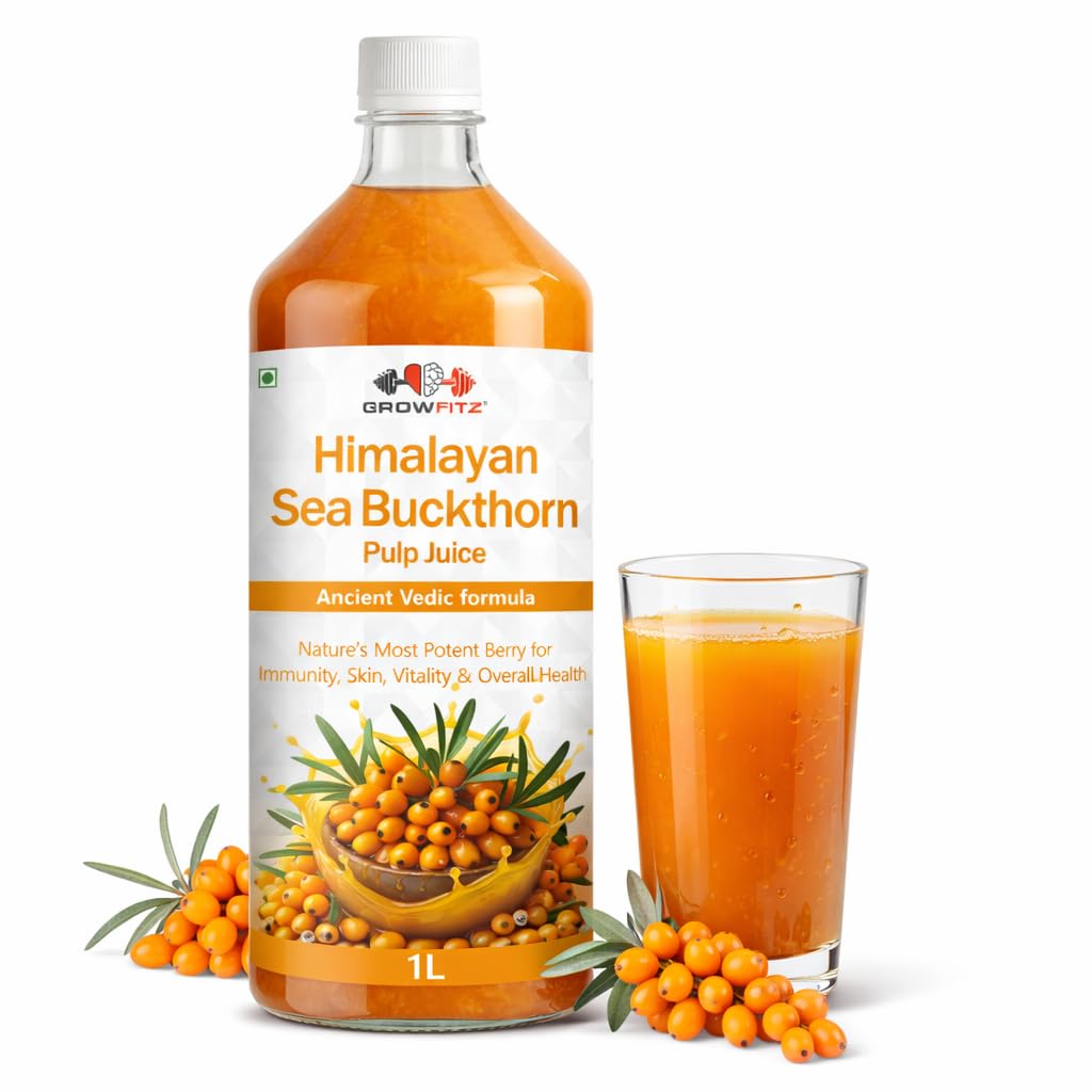 Growfitz Himalayan Sea Buckthorn Pulp Concentrate 1L | Cold-Pressed | Makes 160 Glasses, Natural Vitamin C, Omega 3 6 7 9, Antioxidants | Immunity, Skin Glow & Gut Health Support | Seabuckthorn Juice