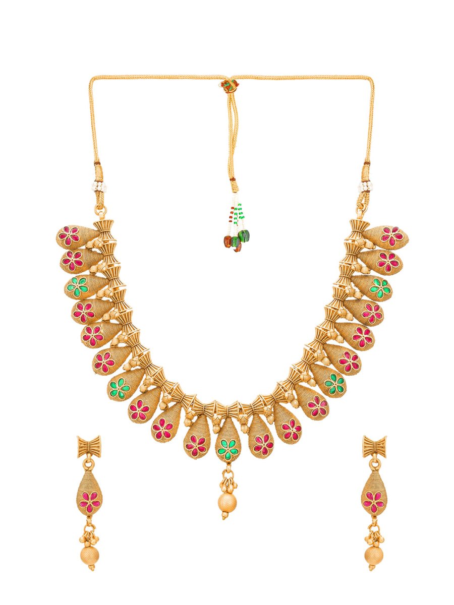 Aadita Gold-Polished Temple Choker Ruby Jewellery Set