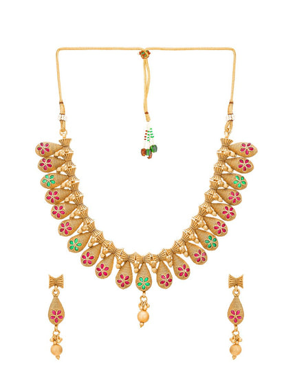 Aadita Gold-Polished Temple Choker Ruby Jewellery Set