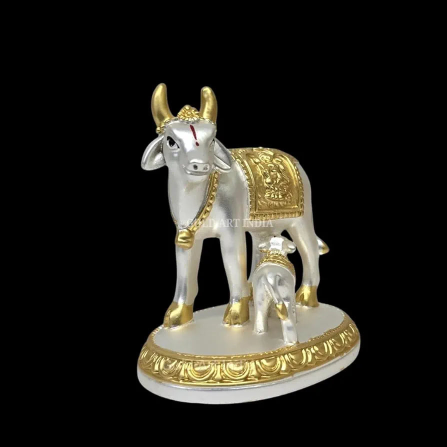 Gold Art India Kamdhenu Cow with Calf Idol Gold Silver Plated with Matte Finish 3.1 Inch