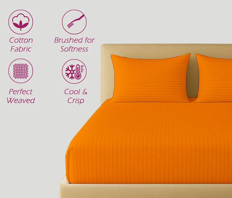 Trance Home Linen 100% Cotton 78x60 inch Queen Fitted 200TC Satin Stripe Elastic Fitted Bedsheet with 2 Pillow Covers Colour Orange