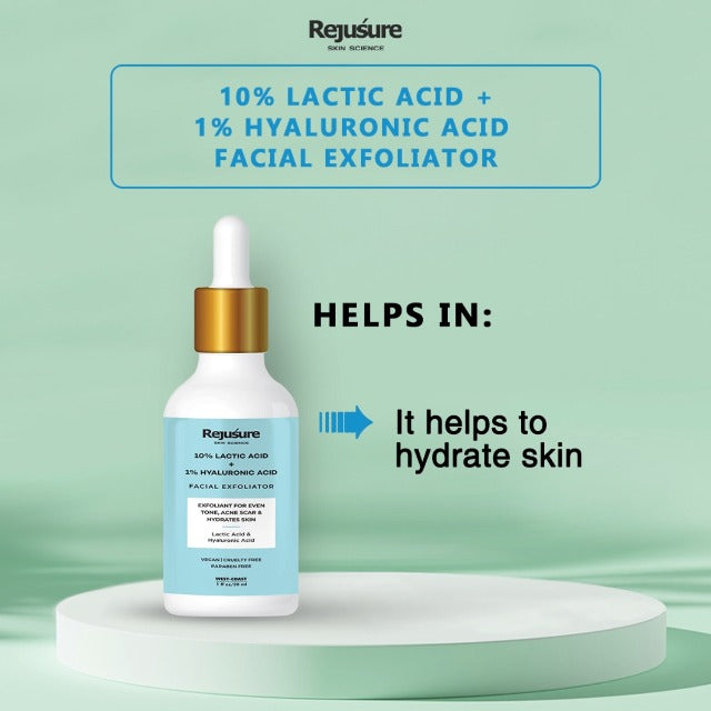 Rejusure Lactic Acid 10% + Hyaluronic Acid 1% Facial Exfoliator - Hydrating and Rejuvenating Serum - 30 Ml