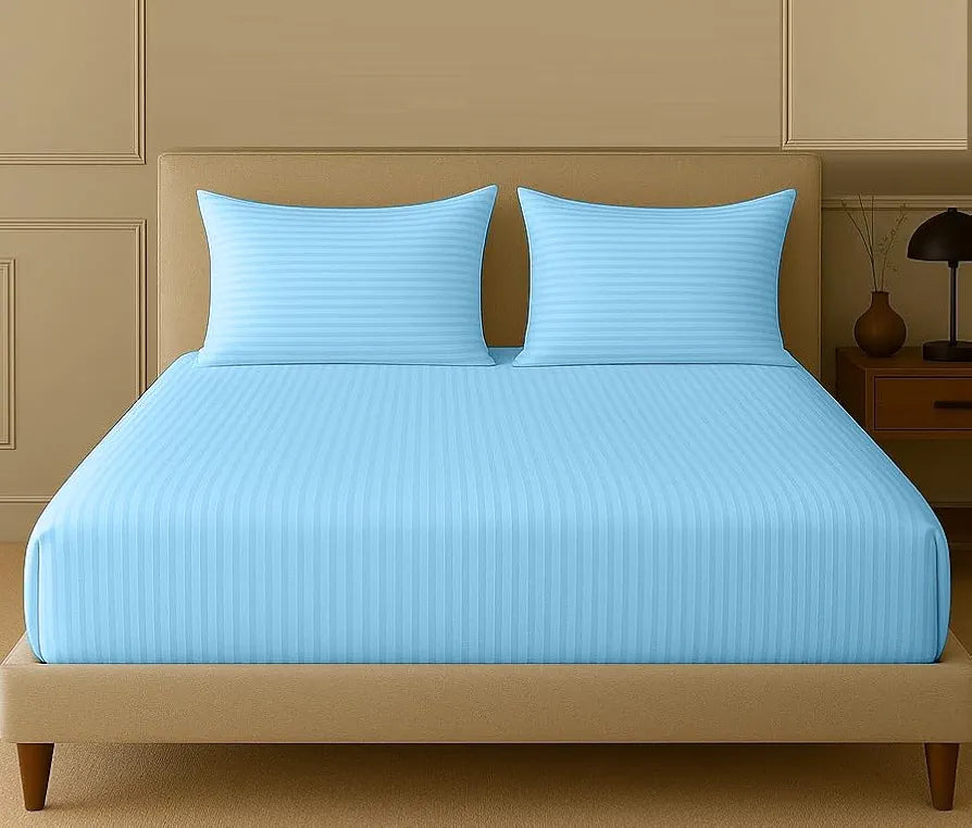 Trance Home Linen 100% Cotton 78x66 inch 200TC Satin Stripe Elastic Fitted Bedsheet Daily Use Double Bed Fitted Bedspread with 2 Pillow Covers Colour Sky Blue
