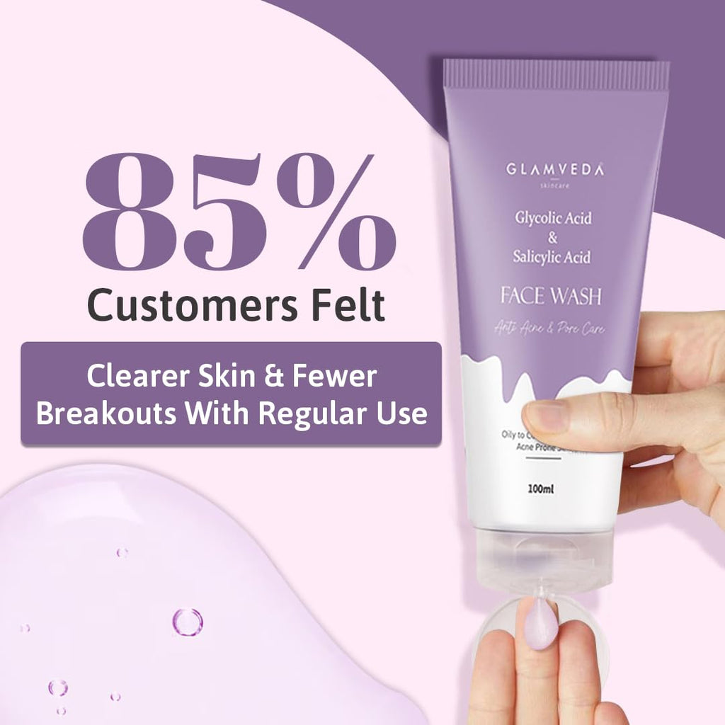 Glamveda Glycolic Acid & 0.05% ww Salicylic Acid Anti Acne face wash | For Oily & Acne Prone Skin | Oil balancing, Deep Cleansing | No Paraben, SLS | 100 ml