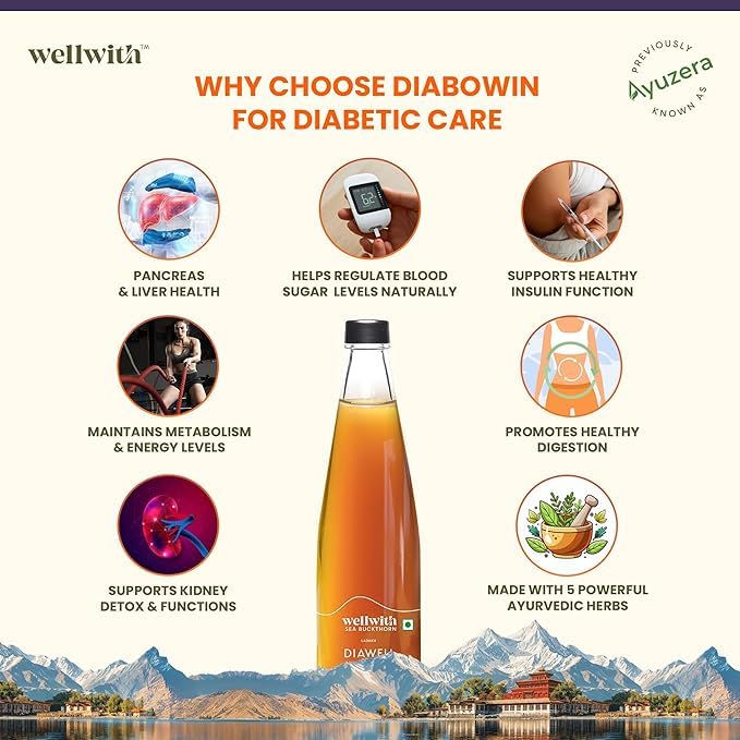 wellwith Ayuzera DiaboWin (Diawell) Karela & Jamun Diabetic Care Juice with Seabuckthorn 300ml | Chirata and Punarnava | Ayurvedic | Makes Upto 50 Glass Juice (300ml, Pack of 1)