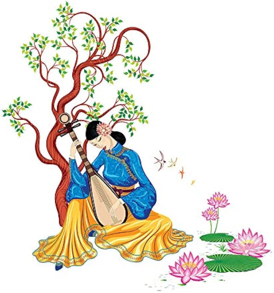 AH Decals Chinese Girl Playing Lute Under The Tree Wall Sticker 0.39 x 43.3 x 43.3 Inches Multicolour Blue