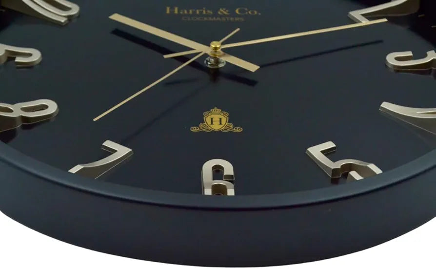 Harris & Co. Clockmasters Silent Sweep Noiseless Technology Analog Wall Clock With Metal Golden 3d Numbers Black