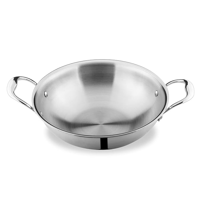 Attil Triply Stainless Steel Kadai With Induction Base Heavy Duty Kadhai for Kitchen | Kadai, 22cm - 2 Litres