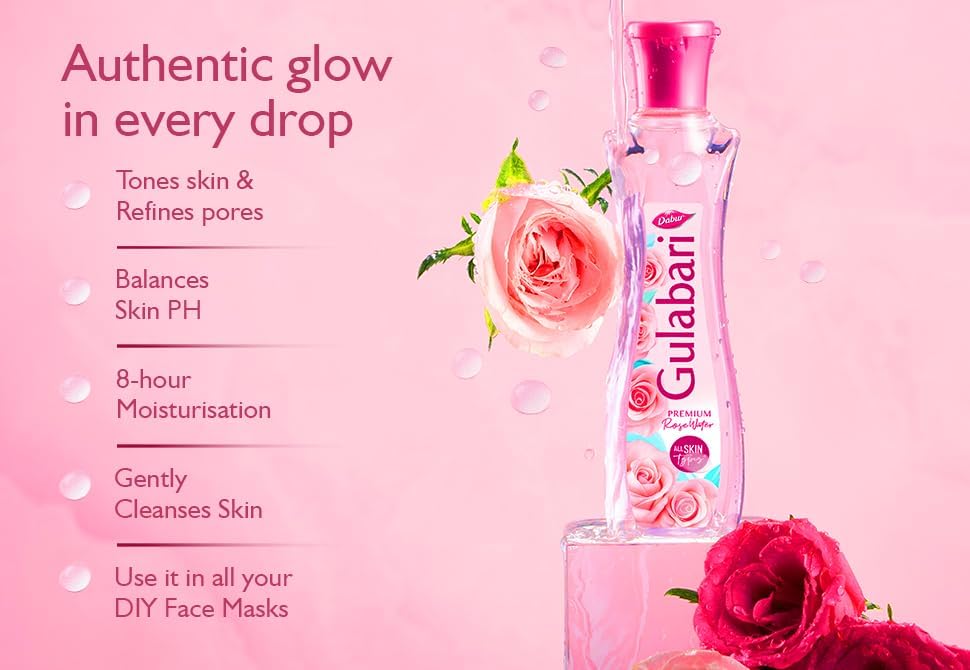 Dabur Gulabari Premium Rose Water/Face Toner | No Paraben | Alcohol Free | Cleanses, Hydrates & Moisturises Skin | Balances & Restores Skin's pH Levels | For All Skin Types
