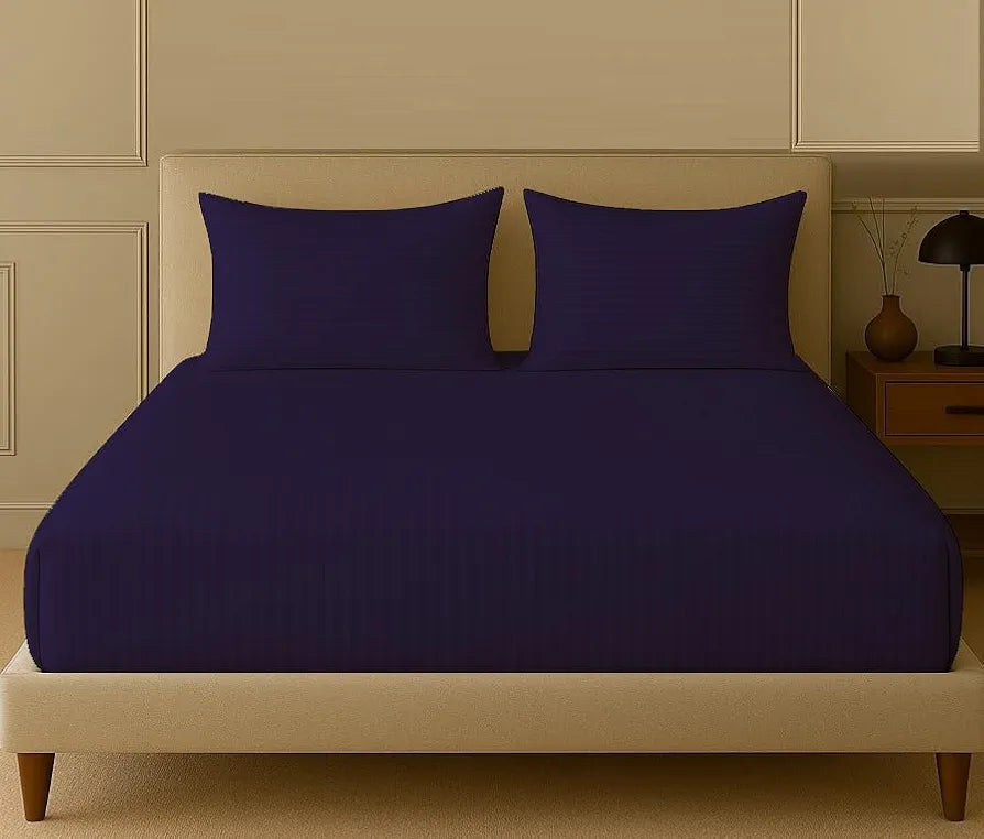 Trance Home Linen 100% Cotton 78x72 inch King Fitted 200TC Satin Stripe Elastic Fitted Bedsheet with 2 Pillow Covers Colour Dark Purple