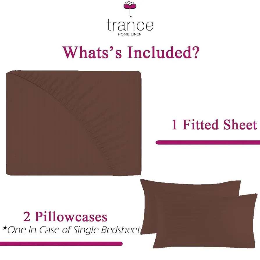 Trance Home Linen 100% Cotton 78x60 inch Queen Fitted 200TC Satin Stripe Elastic Fitted Bedsheet with 2 Pillow Covers Colour Chocolate Brown