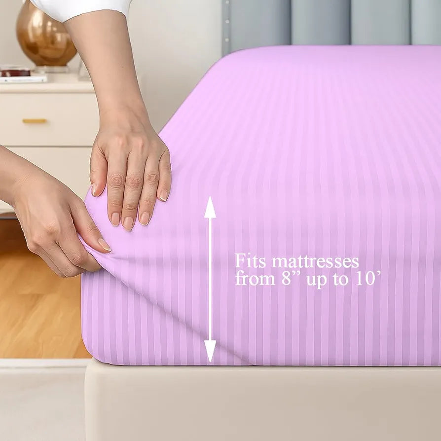 Trance Home Linen 100% Cotton 78x72 inch King Fitted 200TC Satin Stripe Elastic Fitted Bedsheet with 2 Pillow Covers Colour Pink