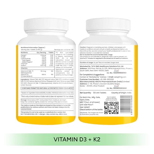 Tata 1mg Magnesium Glycinate, 120 Tablets + Tata 1mg Vitamin D3+K2, 120 Tablets
