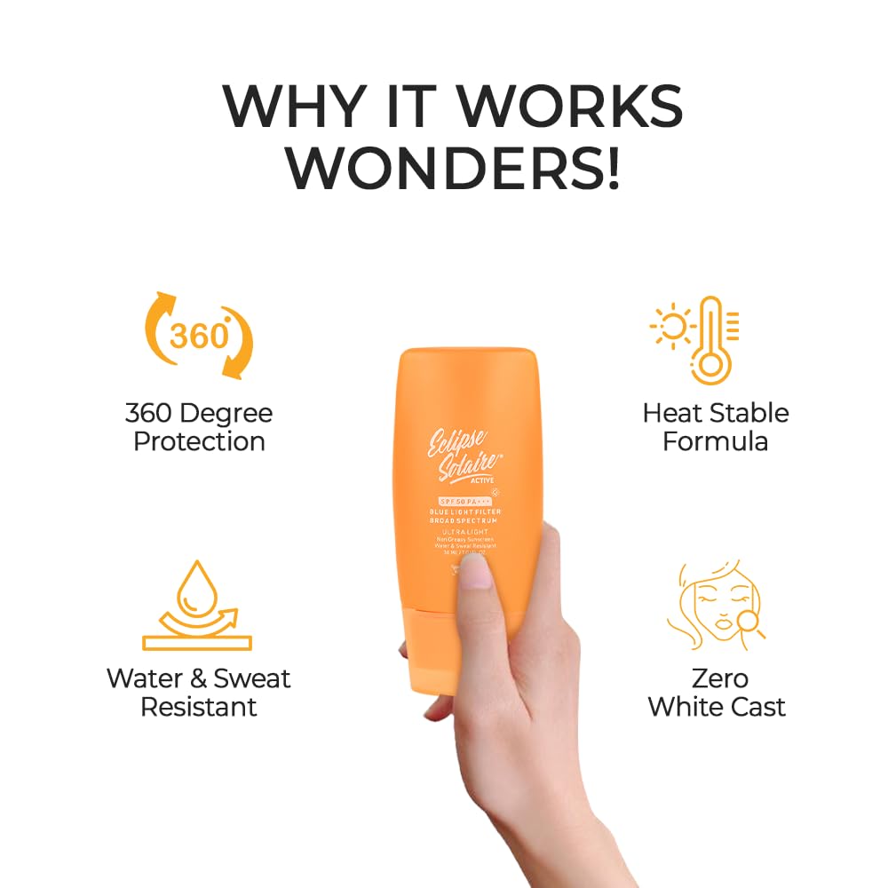 YUDERMA Eclipse Solaire Active Sunscreen SPF 50 PA+++ | No White Cast | Broad Spectrum UVA/UVB/IR & Blue Light Shield | Lightweight, Non-Greasy Formula for All Skin Types â€“ 30ml