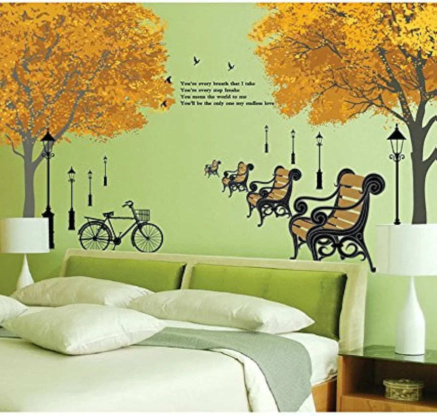 Decals Design Trees in Autumn Antique Lamps Benches Bicycle and Love Quote Wall Sticker