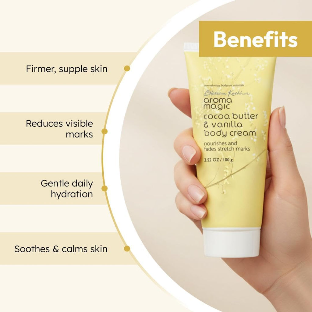 Aroma Magic Cocoa Butter & Vanilla Body Cream | Nourishes, Enhances Skin elasticity & prevents stretch marks | Green tea & calendula extract, vitamin E & C| Non-greasy| 100 ml