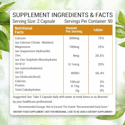 Prasatti Herbal Organic Plant Based Calcium Magnesium Zinc Supplement - 120 Veg Caps