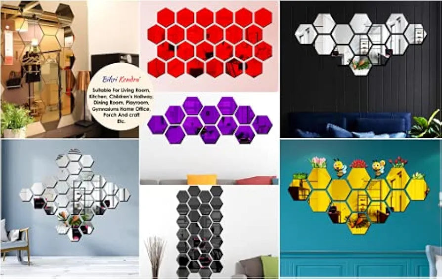 Bikri Kendra Hexagon 20 Red Stickers for Wall Acrylic Mirror Mirror Wall Decor Sticker