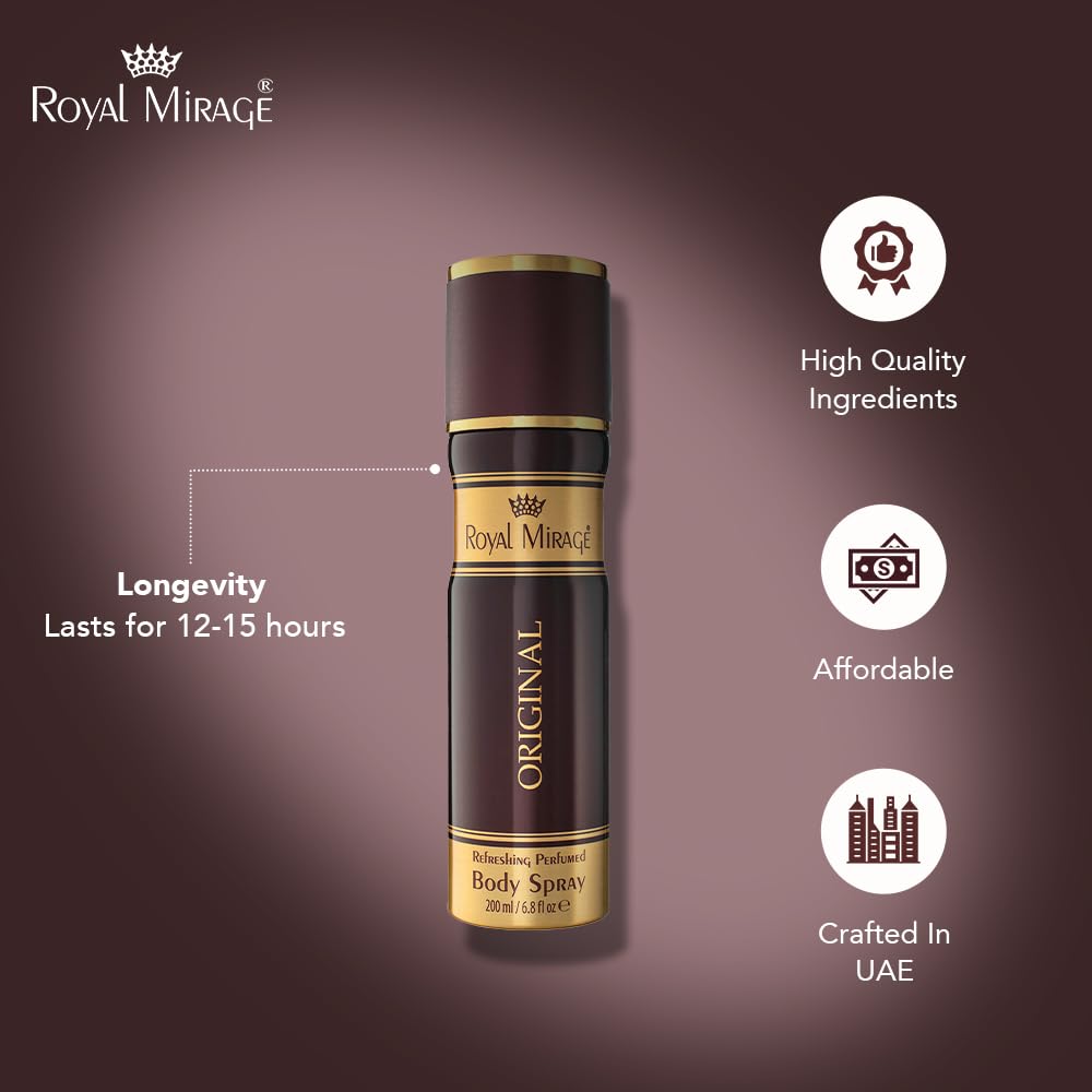 Royal Mirage Original Body Spray | Unisex Fragrance | Long-Lasting Perfume | Refreshing & Elegant Scent | Grooming Essential | Fresh & woody fragrance | All-Day Freshness | 200ml