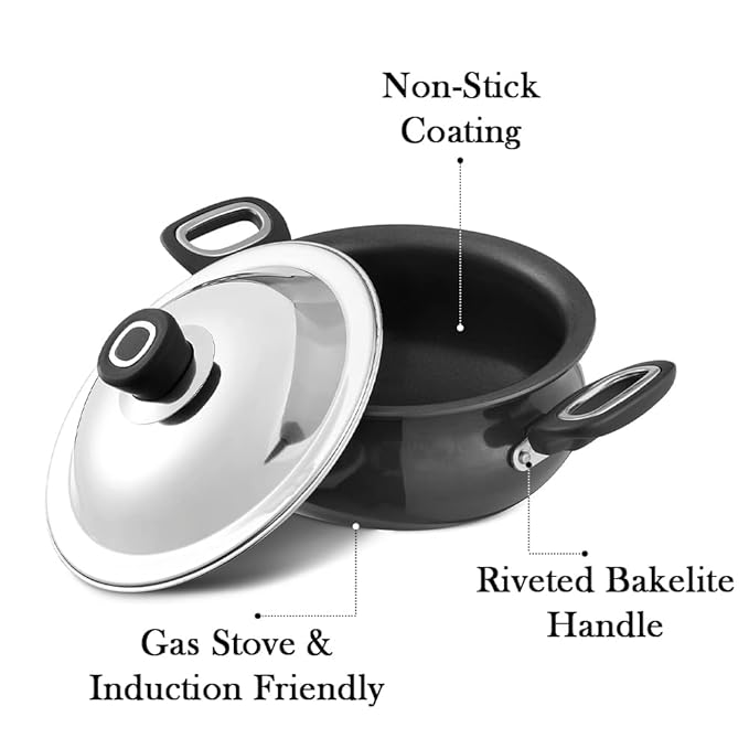 Vinod Hanos Hard Anodised Non Stick Handi with Lid - 3 Litre Junior | 3.25mm Thick | 5X Long Lasting