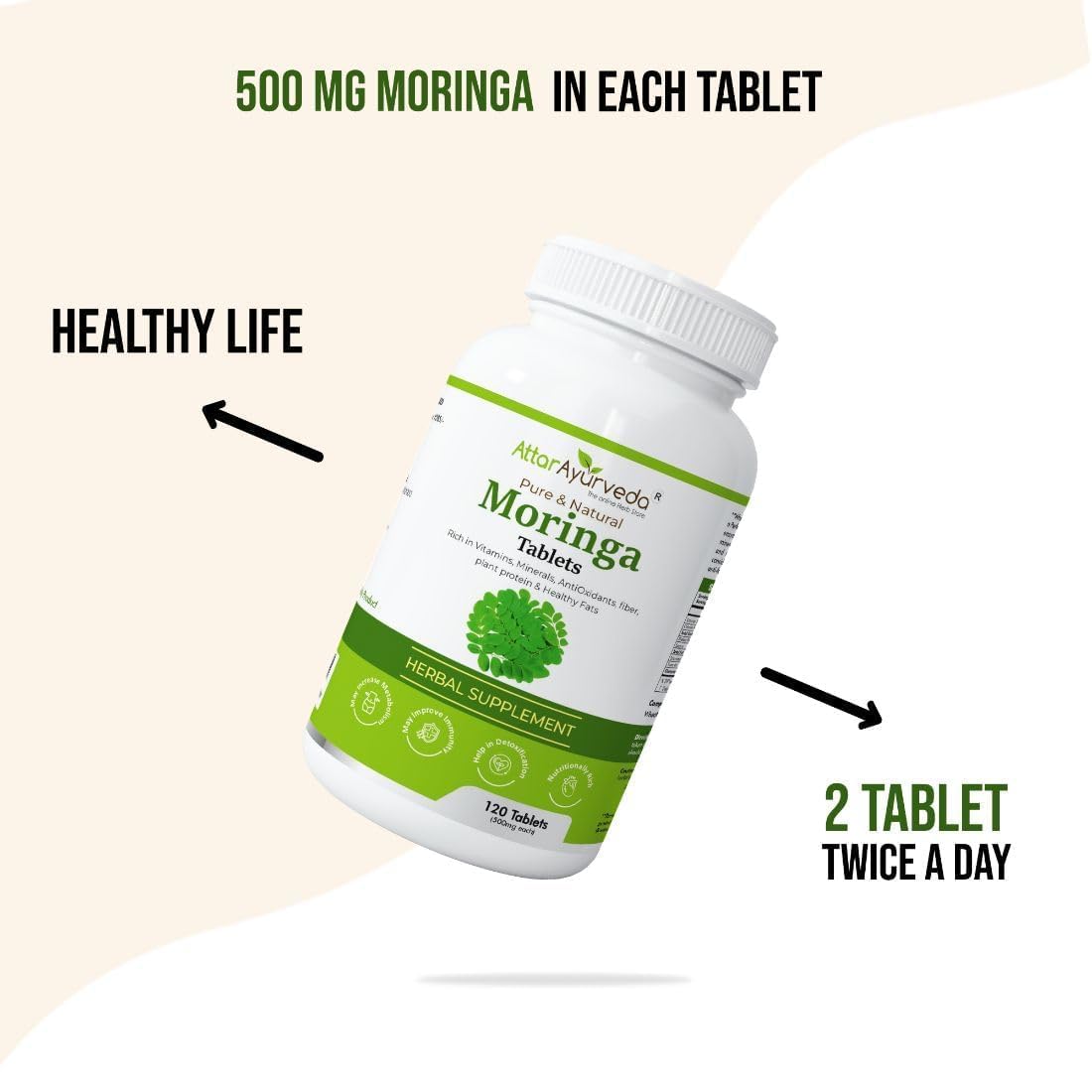 Attar Ayurveda Moringa Tablets 120 Tablets, 500 mg each | Drumstick Leaf Tablets | Pure and Natural, Highly Nutritious