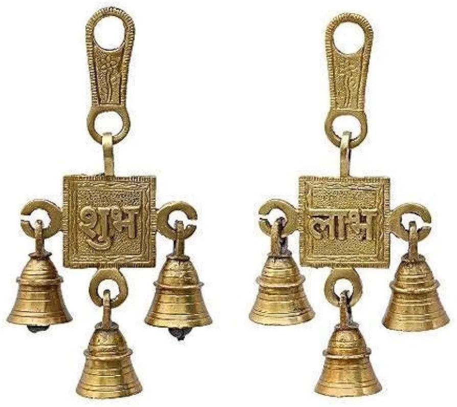 Uapan MetalCraftT Brass Shubh Labh Hanging Bells Set Hanging Bells for Home Decor Wall Decor Ghanti for Pooja Pack of 2