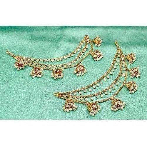 Gold-Polished Long Hair Chain with with Small White Beads