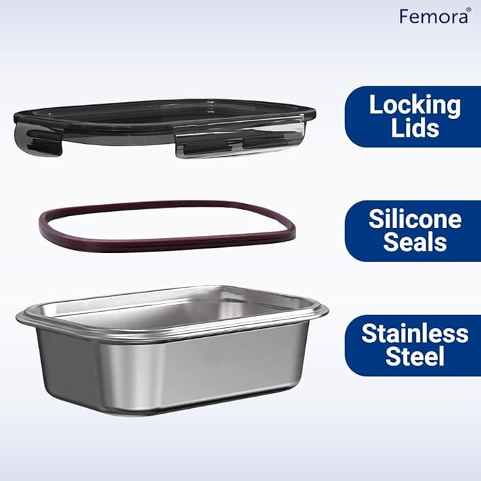 Femora Lunch Box High Steel Rectangle Heavy Duty Airtight Leakproof Unbreakable Storage Container With Lock Lid | 350 Ml | Set of 3