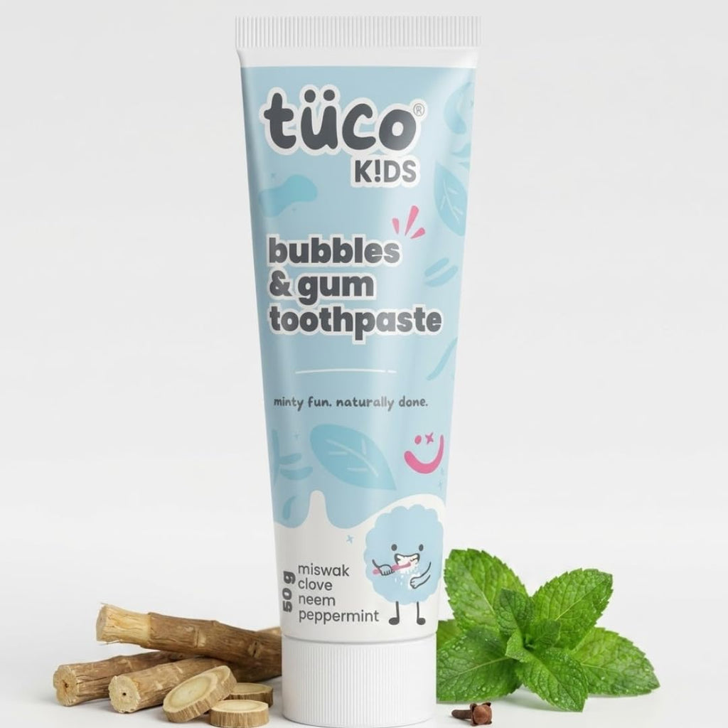 TucoÂ® Kids Bubbles & Gum Anticavity Toothpaste | Peppermint Flavour | Fluoride for Cavity & Enamel Protection | No added Color | SLS Free | Infused with Clove, Neem & Miswak | Ages 4+ Years | 50gm (pack of 1)