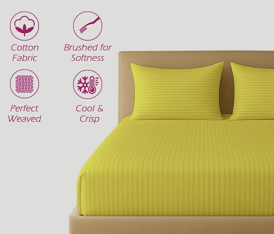 Trance Home Linen 100% Cotton 78x72 inch King Fitted 200TC Satin Stripe Elastic Fitted Bedsheet with 2 Pillow Covers Colour Canary Yellow