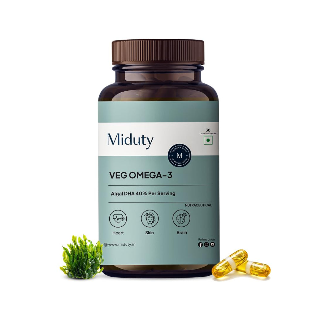 Miduty Veg Omega-3 500mg | 40% Algal DHA + EPA | High-Potency Plant-Based Omega-3 | No Fish Oil, No Fishy Burps | Veg Capsules for Men & Women - 30 Capsules