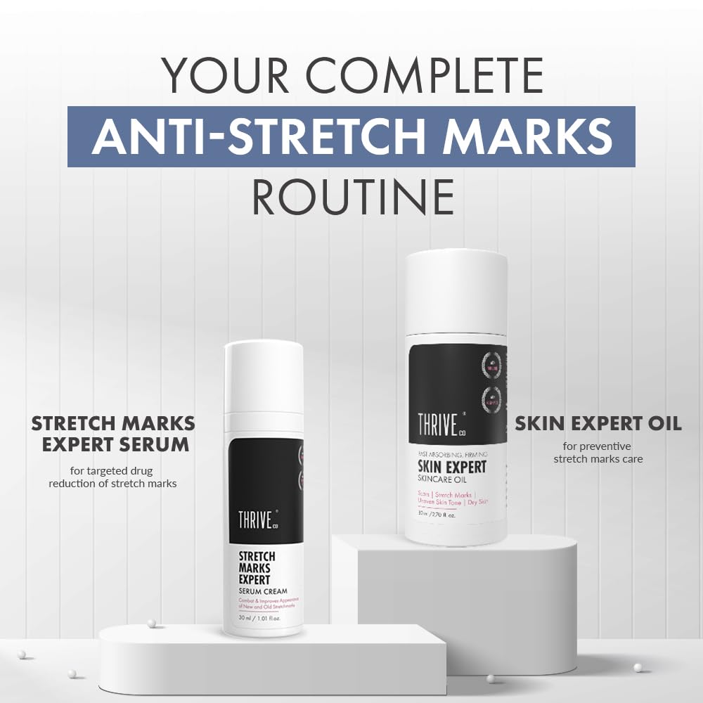 ThriveCo Stretch Marks Expert Serum Cream | Clinically Proven Treatment for New red & Old white Stretch Marks & Scars Removal | Infused with Collarev®, Striover™, Rosehip Oil | Women & Men (Stretch Marks 30ML)