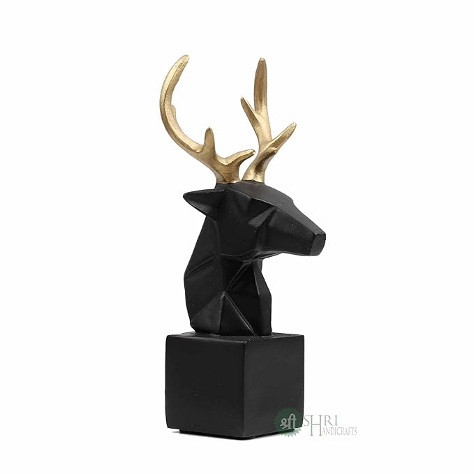 Indicast 8" Inch Resin Statue Deer Head, Geometric Animal Head Sculpture on Base | Black