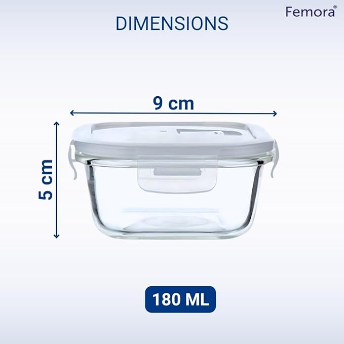 Femora Borosilicate Glass Containers for Kitchen | Storage Box for Kitchen With Air Vent Lid | Set of 3 |180 Ml