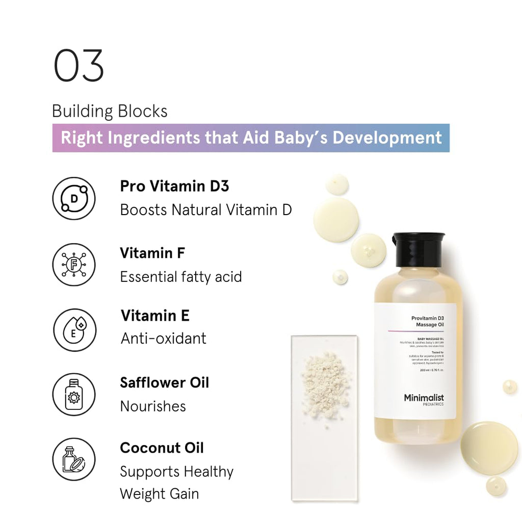 Minimalist Baby Massage Oil with Provitamin D3 | Fragance Free, Mineral Oil Free & Pediatrician Approved Baby Oil For Sensitive Skin | A Blend Of Coconut, Sunflower, Almond & Safflower Oil | 200ml