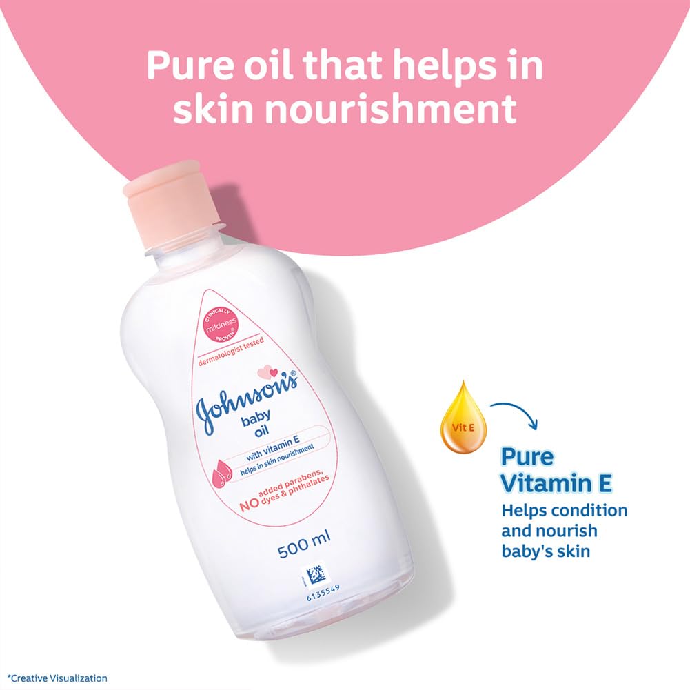 Johnson's Baby Oil with Vitamin E, Non-Sticky for easy spread and massage, 200ml