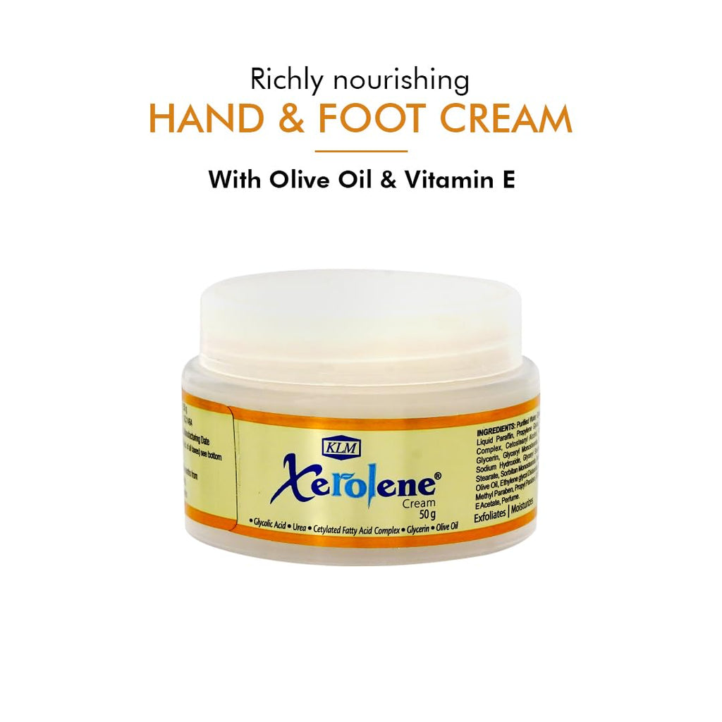KLM Xerolene Hand & Foot Cream, 50g | Enriched with Olive Oil, Vitmin C | Moisturising cream for Men & Women