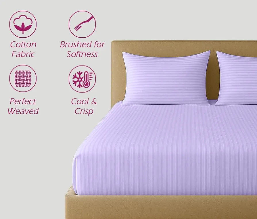 Trance Home Linen 100% Cotton 78x72 inch King Fitted 200TC Satin Stripe Elastic Fitted Bedsheet with 2 Pillow Covers Colour Lilac Purple