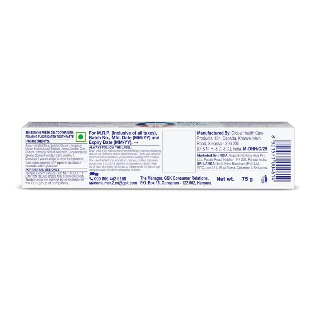 Sensodyne Toothpaste Fresh Gel | Daily Sensitivity Relief Tooth Paste Pack of 1 - 75gm | Dentist Recommended | Everyday Use Paste, Fresh Breath, Fights Tooth Decay, Maintain Healthy Gums