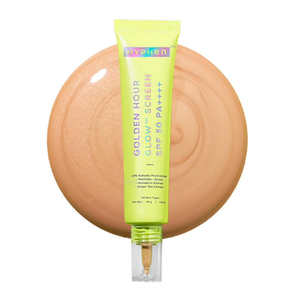 Hyphen Golden Hour Glow Sunscreen Spf 50 Pa++++ Dewy Glow & Bright Skin| Vitamin C Rich-10% Kakadu Plum & Peptides| Winter Sunscreen Moisturizer for Women & Men|Lightweight & Non Greasy, Uv & Blue Light Protection|Dry & All Skin Types - 40G