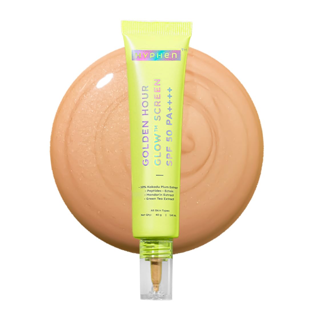 Hyphen Golden Hour Glow Sunscreen Spf 50 Pa++++ Dewy Glow & Bright Skin| Vitamin C Rich-10% Kakadu Plum & Peptides| Winter Sunscreen Moisturizer for Women & Men|Lightweight & Non Greasy, Uv & Blue Light Protection|Dry & All Skin Types - 40G
